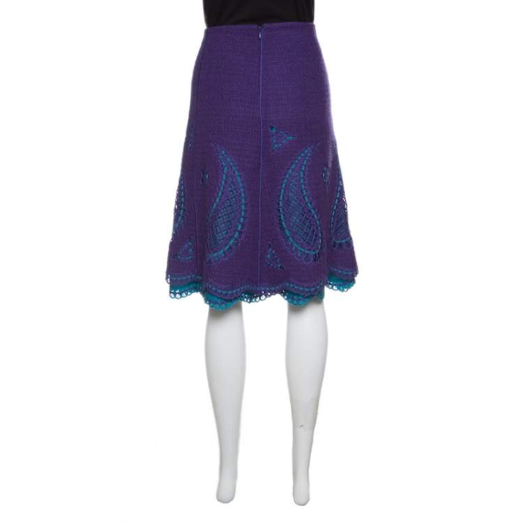 Pre Owned Moschino Purple Wool Cutout Paisley and Floral Motif Detail Skirt M
