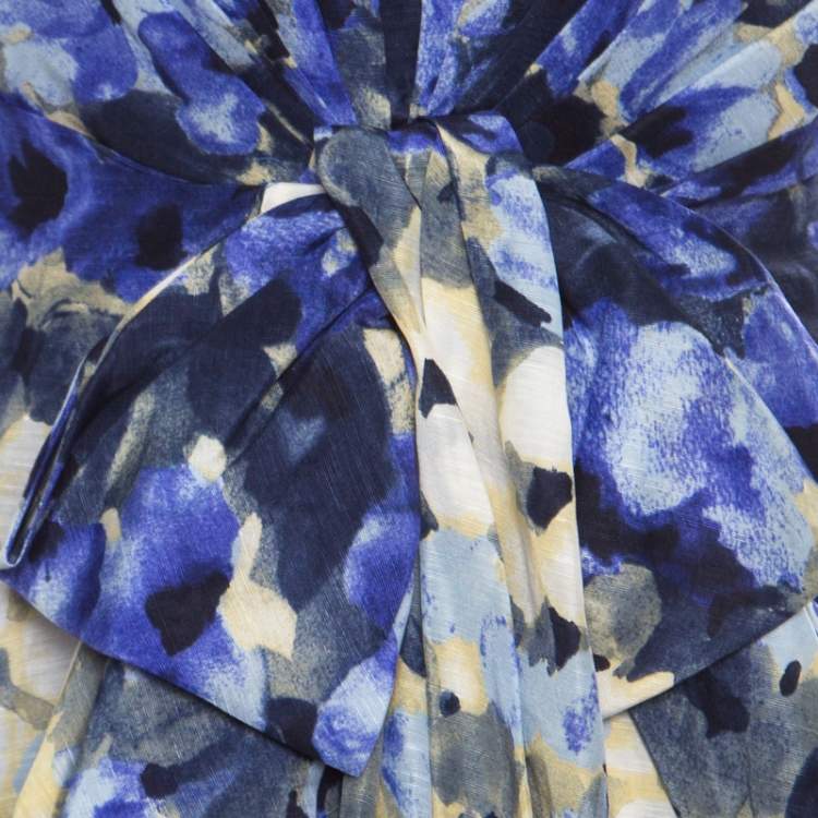 Pre Owned Moschino Blue Floral Printed Linen Silk Bateau Neck Shift Dress S