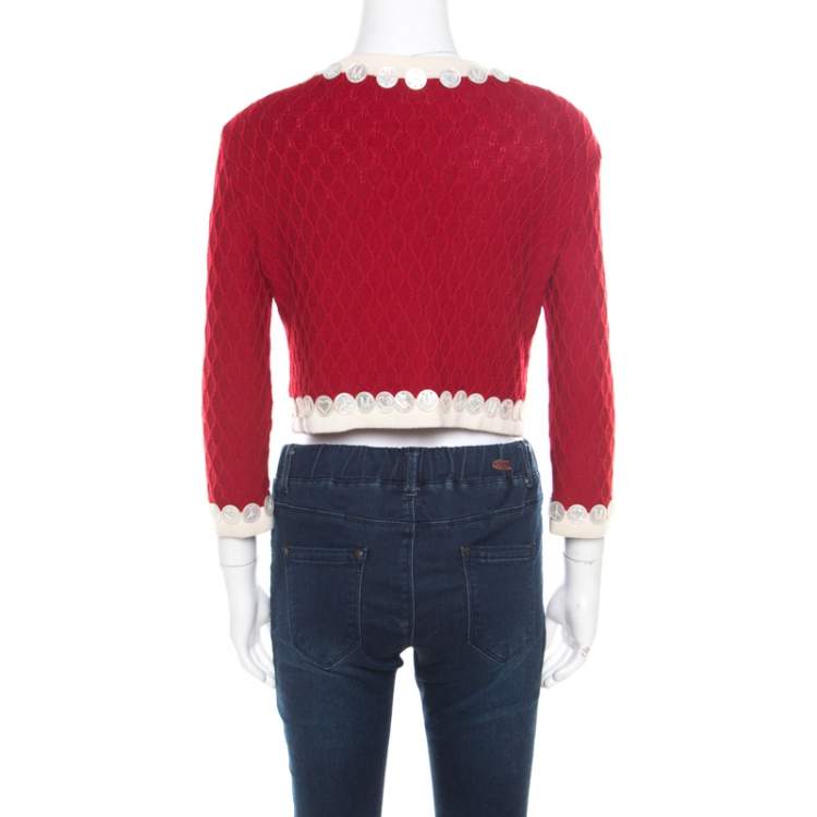 Pre Owned Moschino Red and White Wool Logo Button Detail Cropped Cardigan M