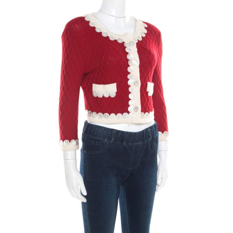 Pre Owned Moschino Red and White Wool Logo Button Detail Cropped Cardigan M