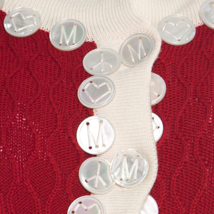 Pre Owned Moschino Red and White Wool Logo Button Detail Cropped Cardigan M