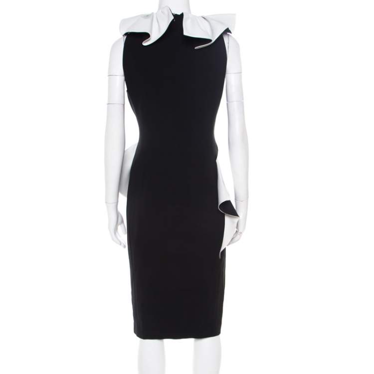 Pre Owned Moschino Monochrome Crepe Ruffled Trim Sleeveless Midi Dress M