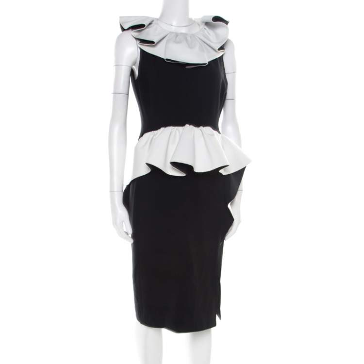 Pre Owned Moschino Monochrome Crepe Ruffled Trim Sleeveless Midi Dress M