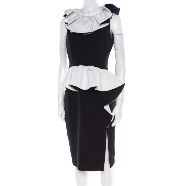 Pre Owned Moschino Monochrome Crepe Ruffled Trim Sleeveless Midi Dress M