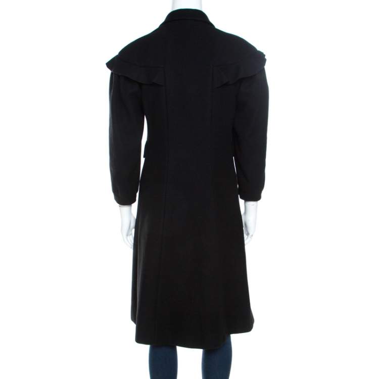 Pre Owned Moschino Black Wool Ruffled Trim Rosette Applique Button Front Long Coat M