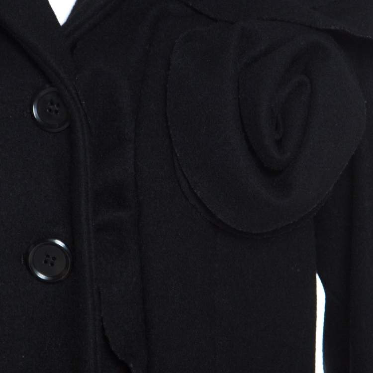 Pre Owned Moschino Black Wool Ruffled Trim Rosette Applique Button Front Long Coat M