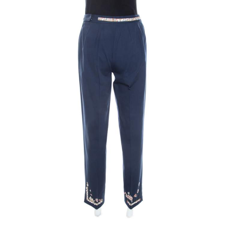 Pre Owned Moschino Navy Blue Cotton Embroidered Embellished Detail Fitted Trousers M 