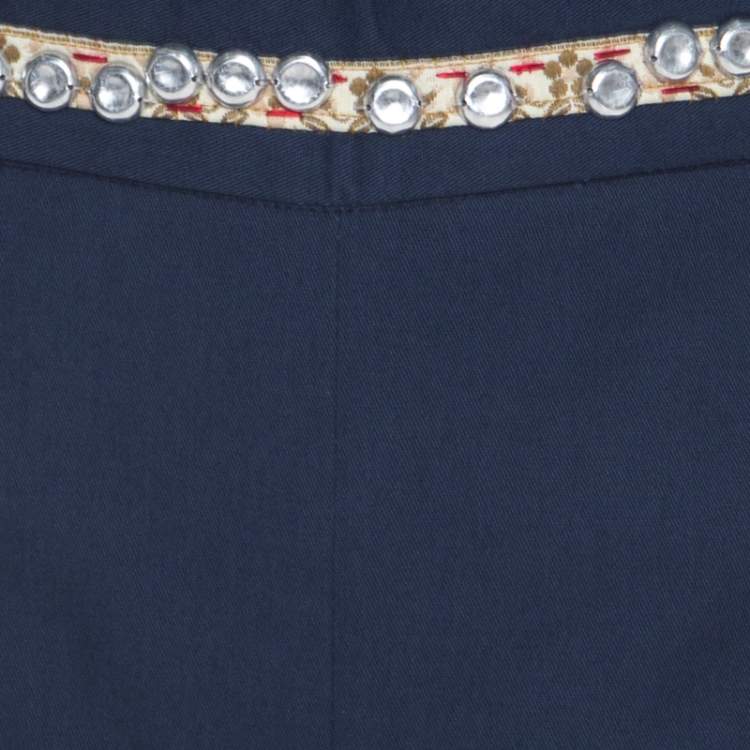 Pre Owned Moschino Navy Blue Cotton Embroidered Embellished Detail Fitted Trousers M 