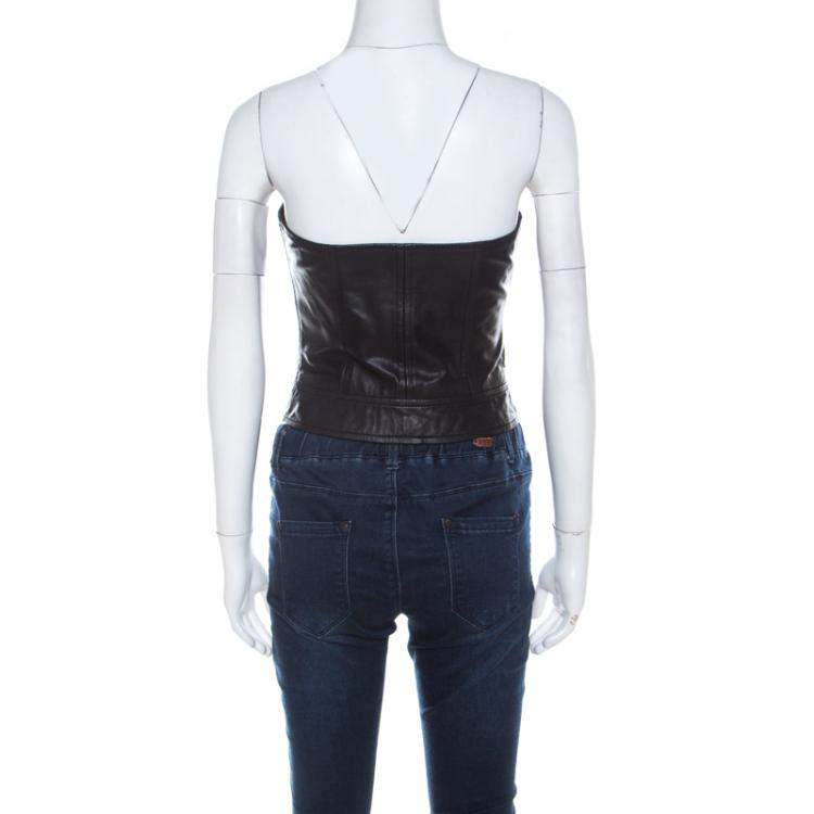 Pre Owned Moschino Cheap and Chic Black Leather Front Zip Corset Top S 
