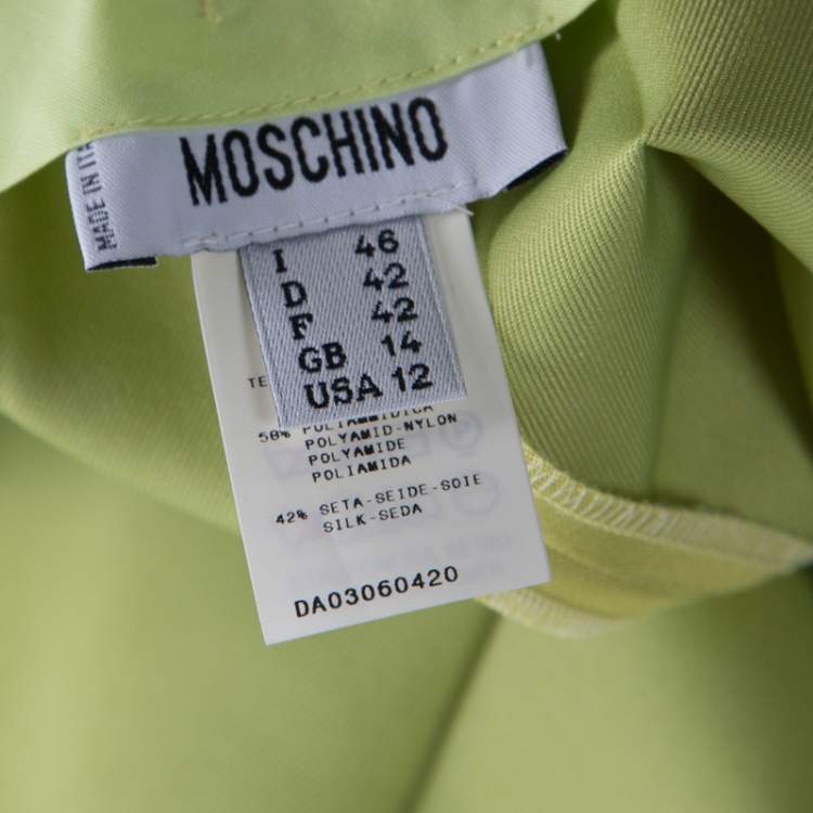 Pre Owned Moschino Bright Green Silk Blend Flat Front Straight Leg Trousers L 