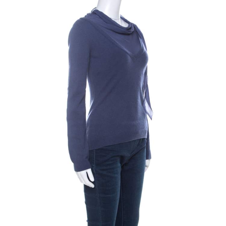 Pre Owned Moschino Blue Cashmere Blend Silk Chiffon Neck Scarf Detail Sweater S