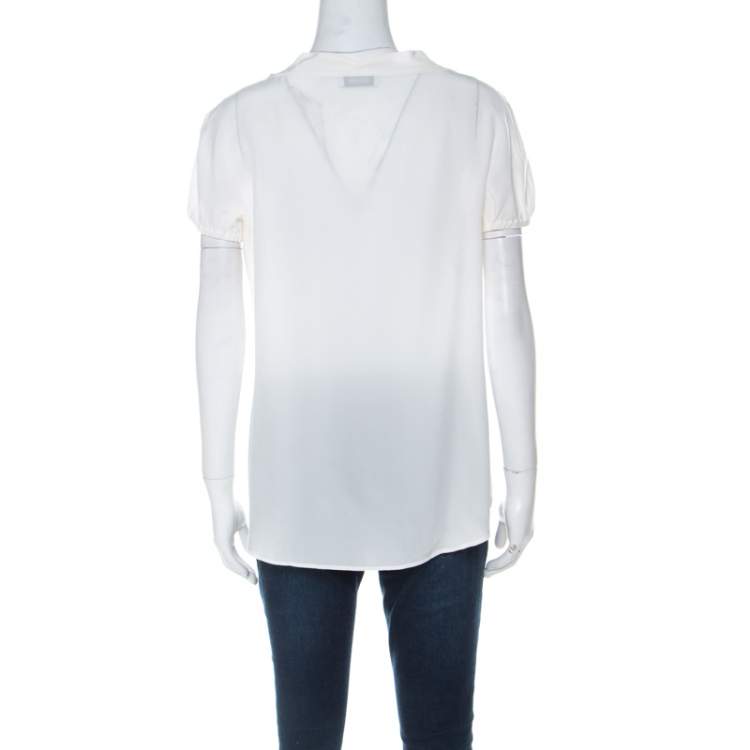 Pre Owned Moschino Cream Silk Crepe de Chine Bow Detail Short Sleeve Blouse L