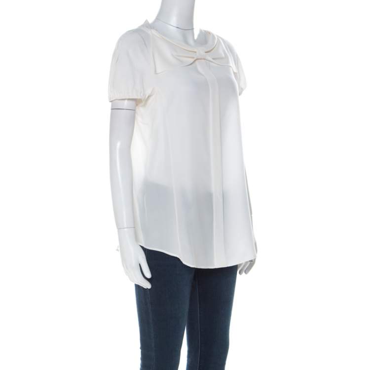 Pre Owned Moschino Cream Silk Crepe de Chine Bow Detail Short Sleeve Blouse L