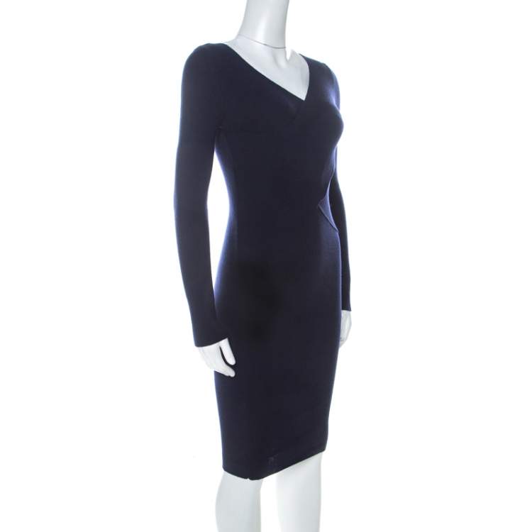 Pre Owned Moschino Navy Blue Rib Knit Wrap Bodice Long Sleeve Midi Dress S 