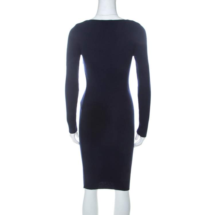 Pre Owned Moschino Navy Blue Rib Knit Wrap Bodice Long Sleeve Midi Dress S 