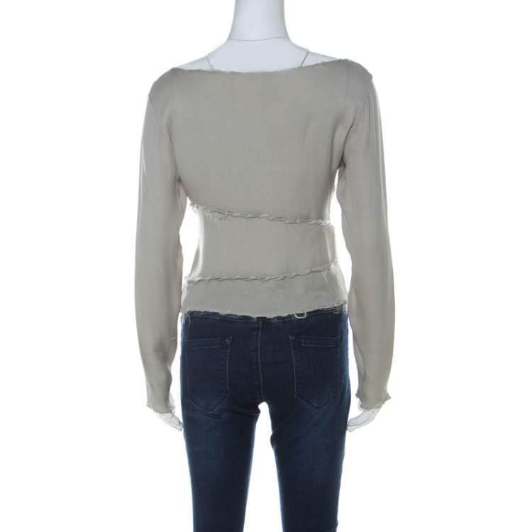 Pre Owned Moschino Couture Sage Green Textured Silk Long Sleeve Cropped Top M 