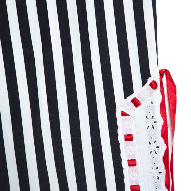 Pre Owned Moschino Black & White Striped Cotton Lace Detail Ruffled Capri Pants M