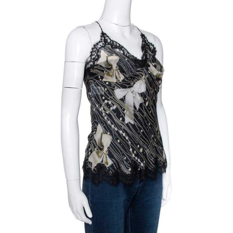 Pre Owned Moschino Black Printed Silk Bow Detail Lace Trim Sheer Camisole M