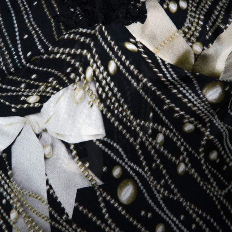 Pre Owned Moschino Black Printed Silk Bow Detail Lace Trim Sheer Camisole M