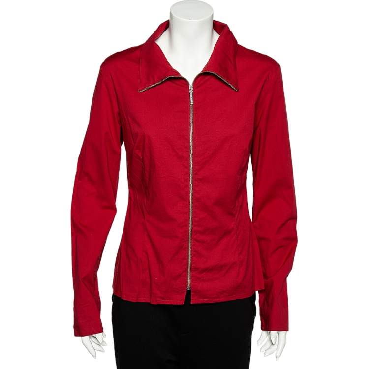Pre Owned Moschino Jeans Red Cotton Zip Front Shirt L 