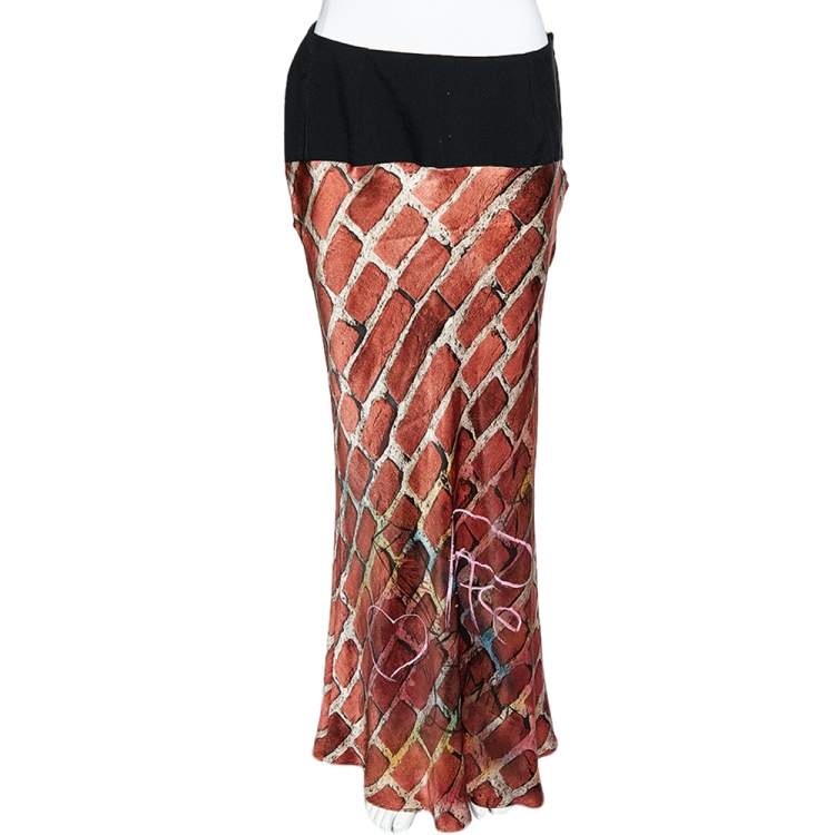 Pre Owned Moschino Couture Brown Brick Printed Silk Peace Graffiti Detail Maxi Skirt L 