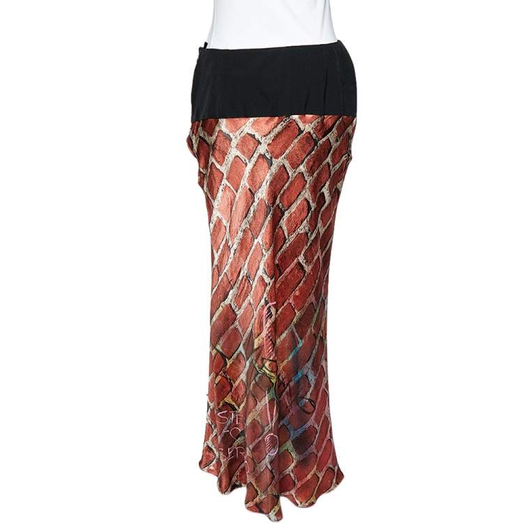 Pre Owned Moschino Couture Brown Brick Printed Silk Peace Graffiti Detail Maxi Skirt L 