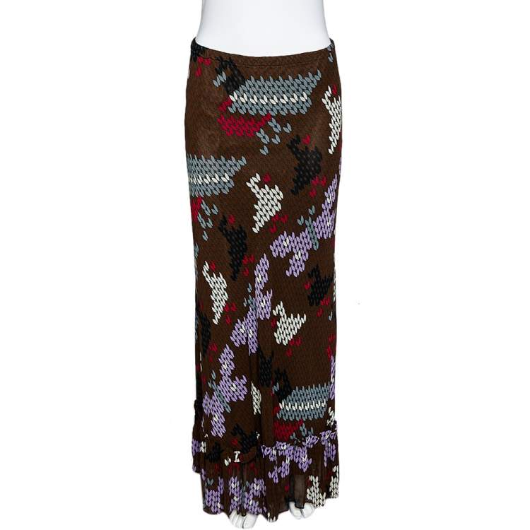 Pre Owned Moschino Cheap & Chic Multicolor Printed Crepe Ruffled Hem Maxi Skirt M