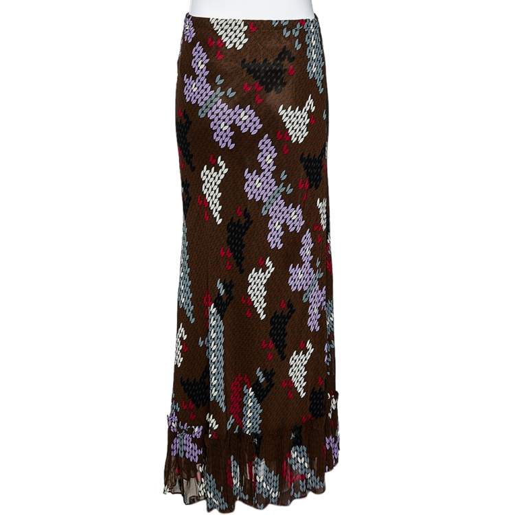 Pre Owned Moschino Cheap & Chic Multicolor Printed Crepe Ruffled Hem Maxi Skirt M
