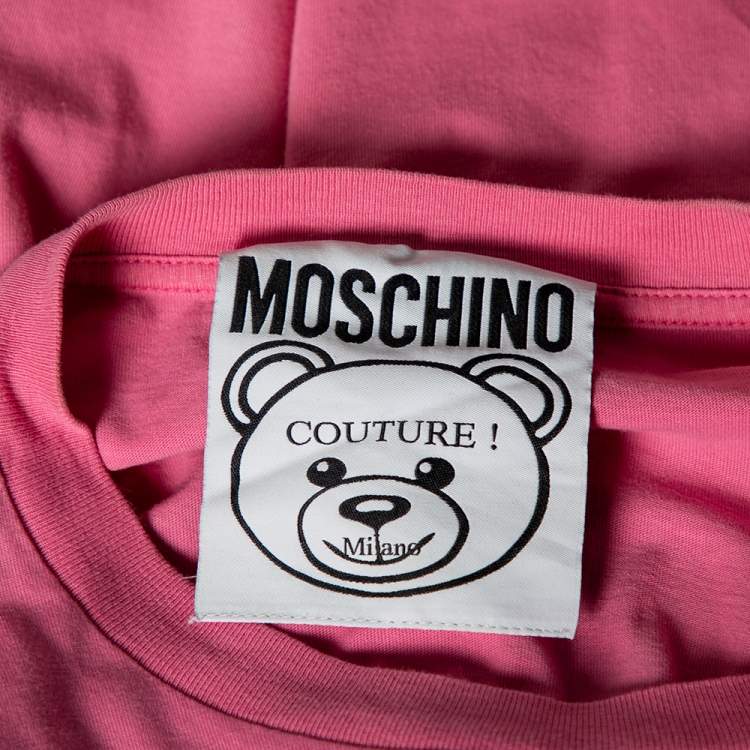 Pre Owned Moschino Pink Cotton Cake Teddy Bear Logo Printed Short Sleeve T-Shirt XS
