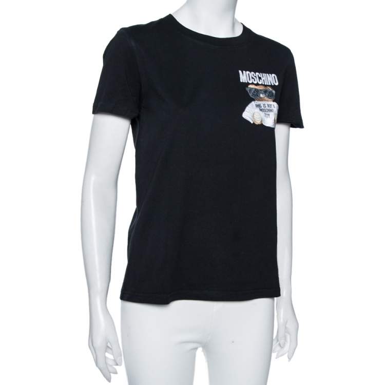 Pre Owned Moschino Couture Black Teddy Bear Embroidered Cotton Crewneck T-Shirt S