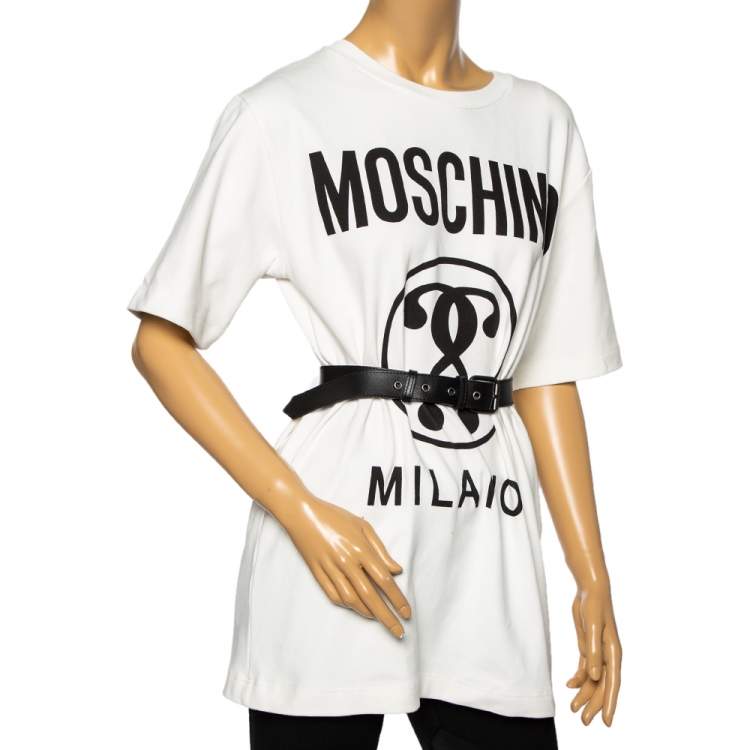 Pre Owned Moschino White Jersey Double Question Mark Logo Print Belted T-Shirt Dress S