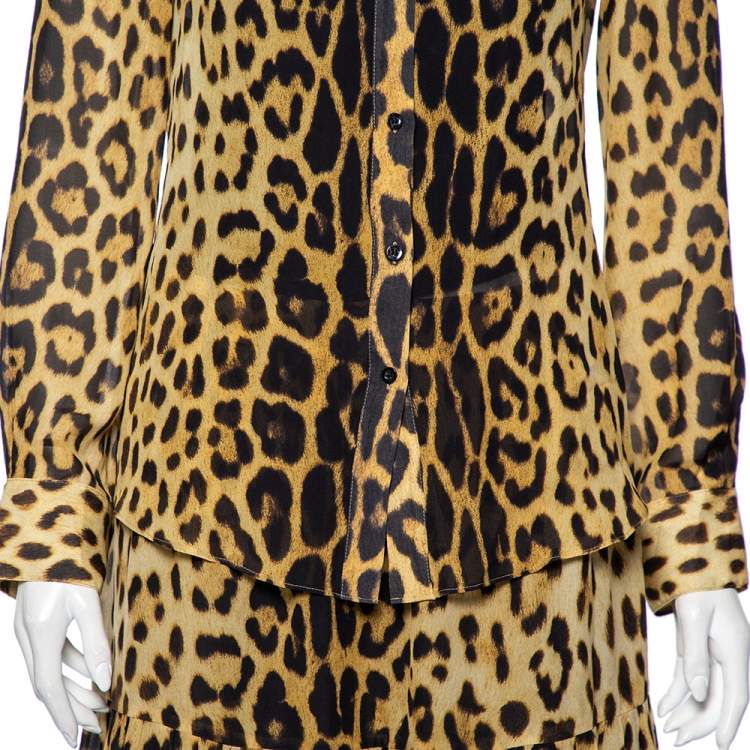 Pre Owned Moschino Brown Animal Printed Button Front Shirt & Gathered Detail Skirt Set M