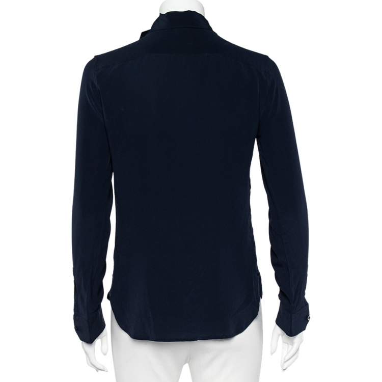 مملوكة مسبقًا Moschino Navy Blue Silk Neck Tie Detailed Button Front Shirt M