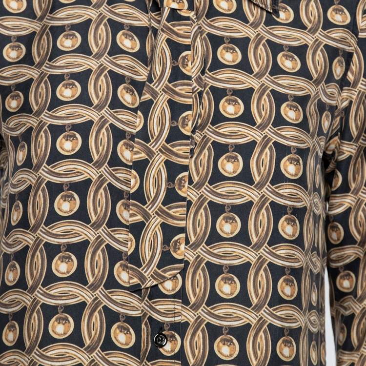 Pre Owned Moschino Gold Printed Silk Neck Tie Detail Button Front Shirt M