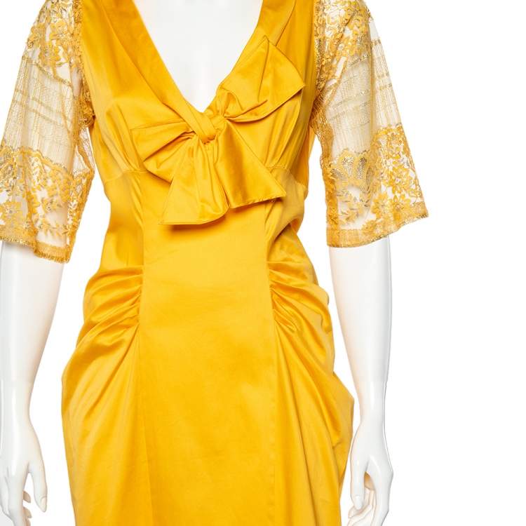 Pre Owned Moschino Yellow Cotton And Lace Sleeve Bow Detail Midi Dress M
