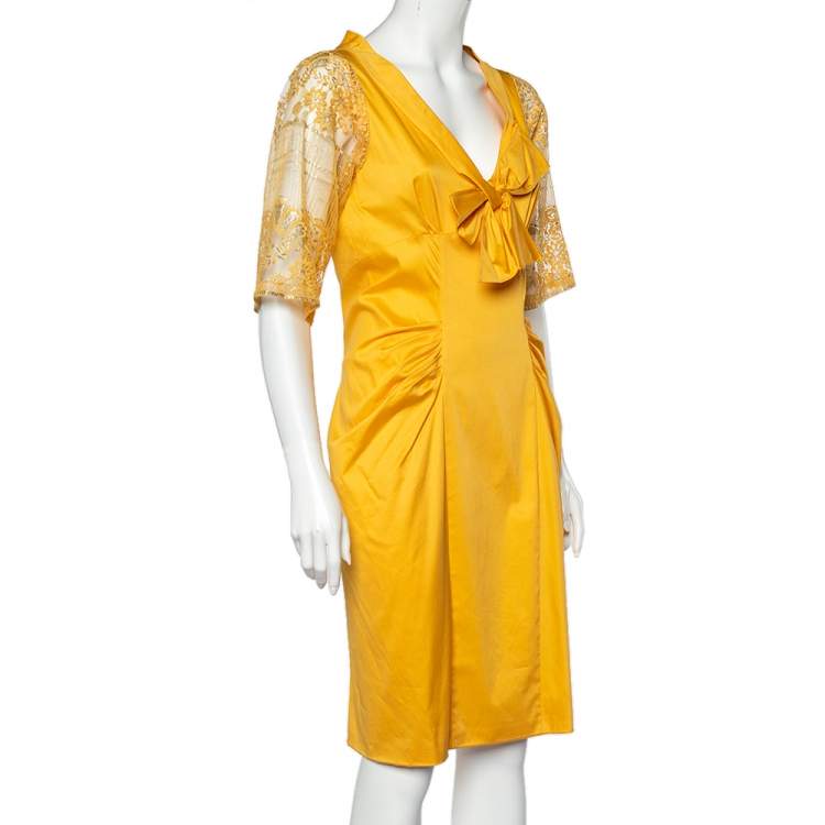 Pre Owned Moschino Yellow Cotton And Lace Sleeve Bow Detail Midi Dress M