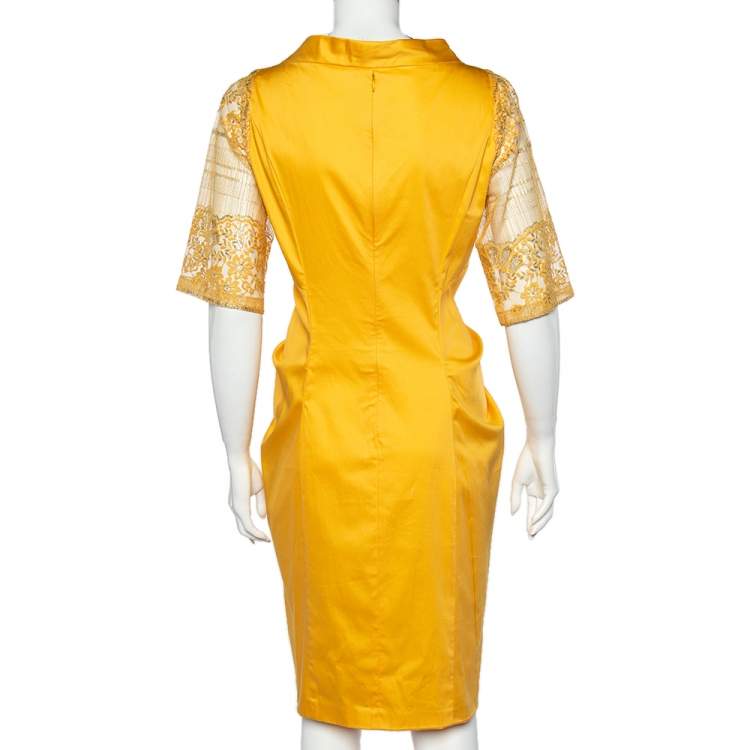 Pre Owned Moschino Yellow Cotton And Lace Sleeve Bow Detail Midi Dress M