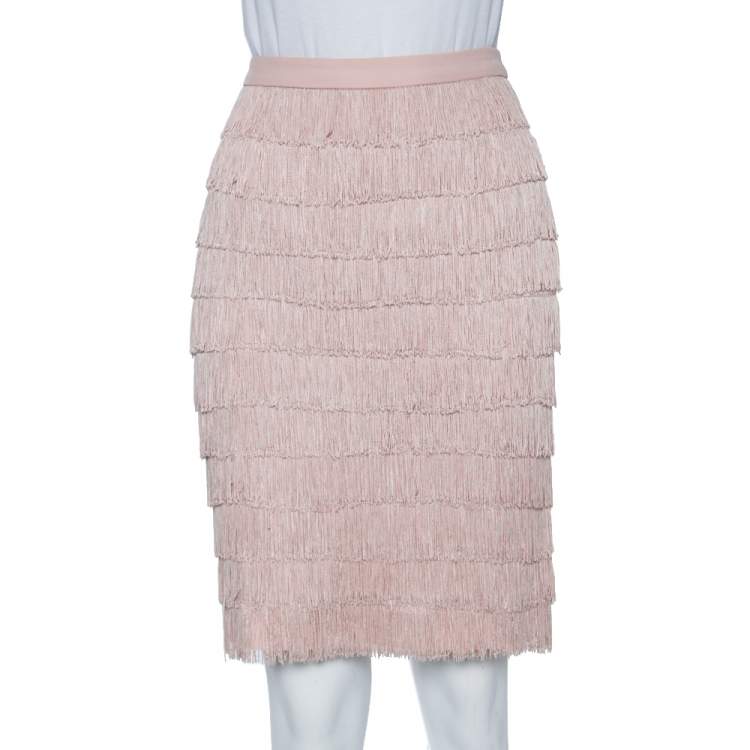 Pre Owned Moschino Pale Pink Crepe Fringed Pencil Skirt S