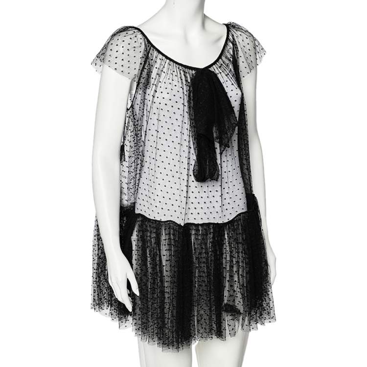 Pre Owned Moschino Black Tulle Ruffled Hem Bow Detail Sheer Mini Dress S