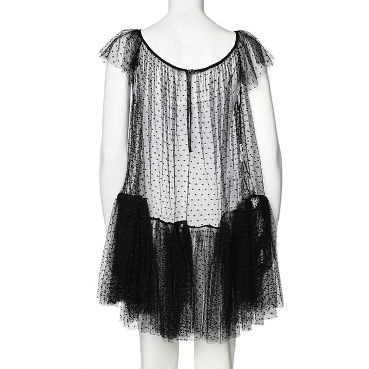 Pre Owned Moschino Black Tulle Ruffled Hem Bow Detail Sheer Mini Dress S