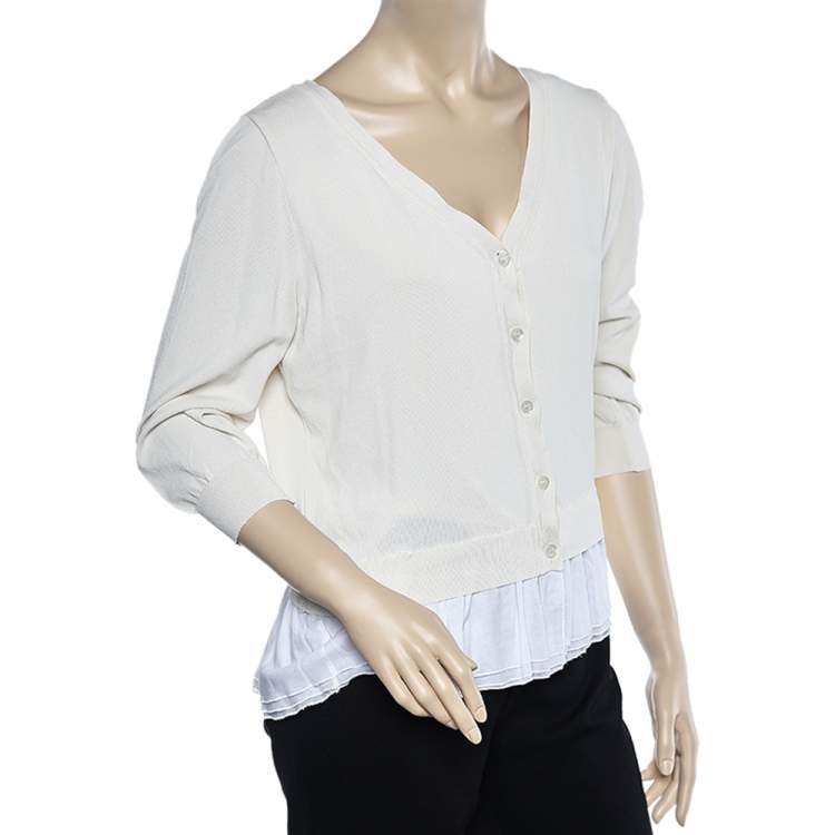 Pre Owned Boutique Moschino Cream Knit Ruffle Trim Button Front Cardigan M