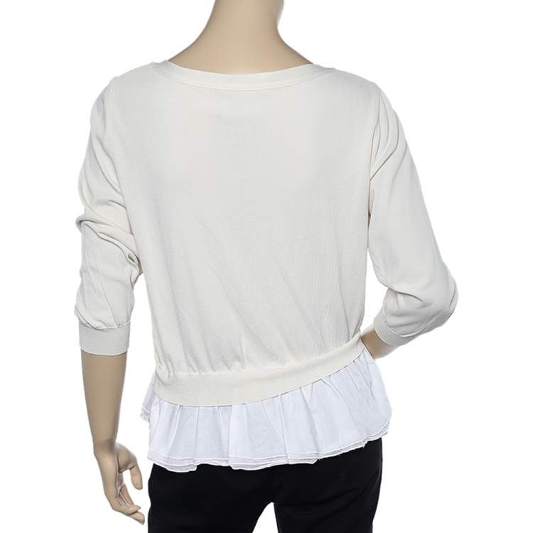 Pre Owned Boutique Moschino Cream Knit Ruffle Trim Button Front Cardigan M