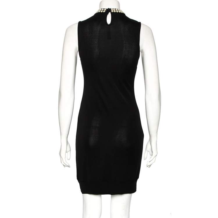 Pre Owned Moschino Black Silk Pearl Embellished Sleeveless Dress M