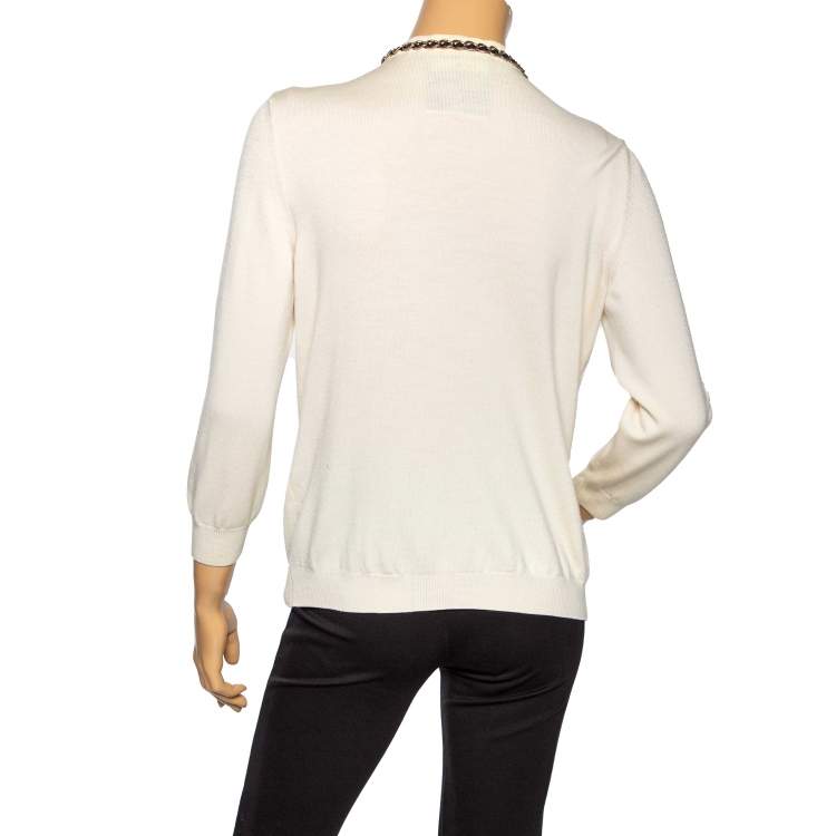 Pre Owned Moschino Cream Wool Knit Chain Trimmed Button Front Cardigan L