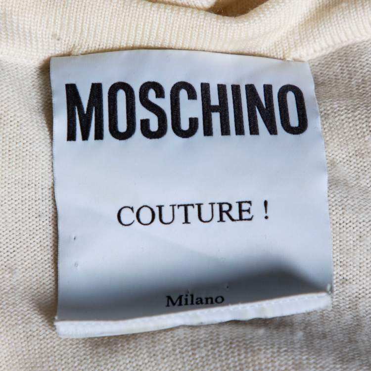 Pre Owned Moschino Cream Wool Knit Chain Trimmed Button Front Cardigan L