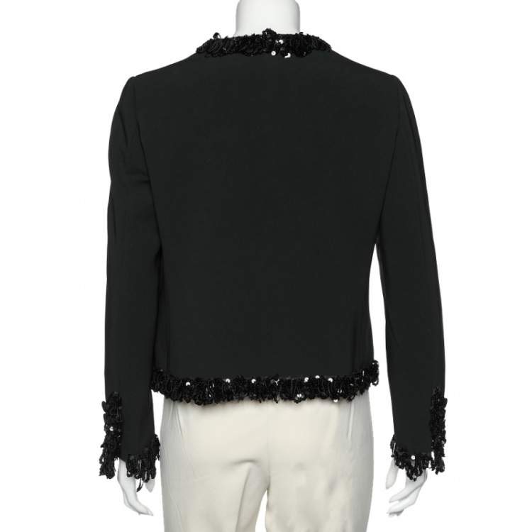 Pre Owned Moschino Black Crepe Sequined Trim Detail Hook Front Jacket L