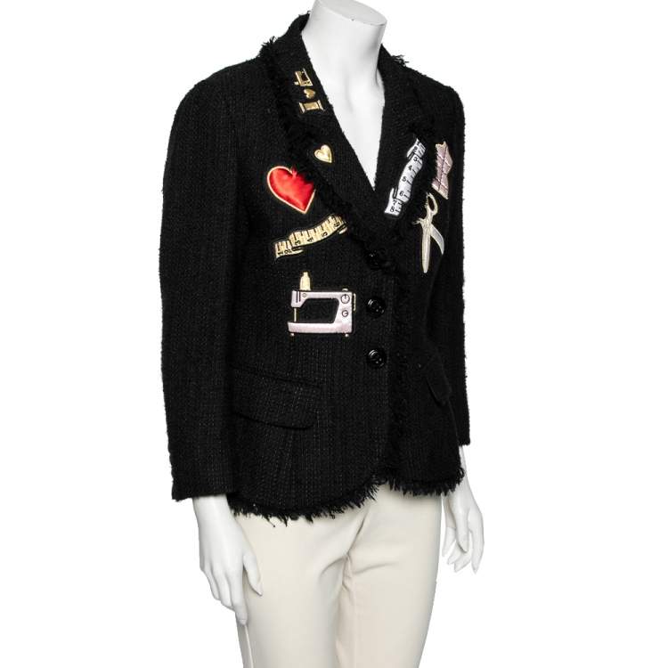 Pre Owned Moschino Black Tweed Appliqué Detail Frayed Blazer L