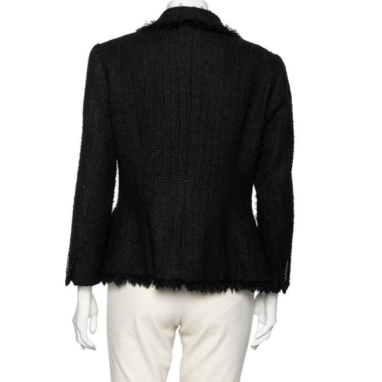 Pre Owned Moschino Black Tweed Appliqué Detail Frayed Blazer L