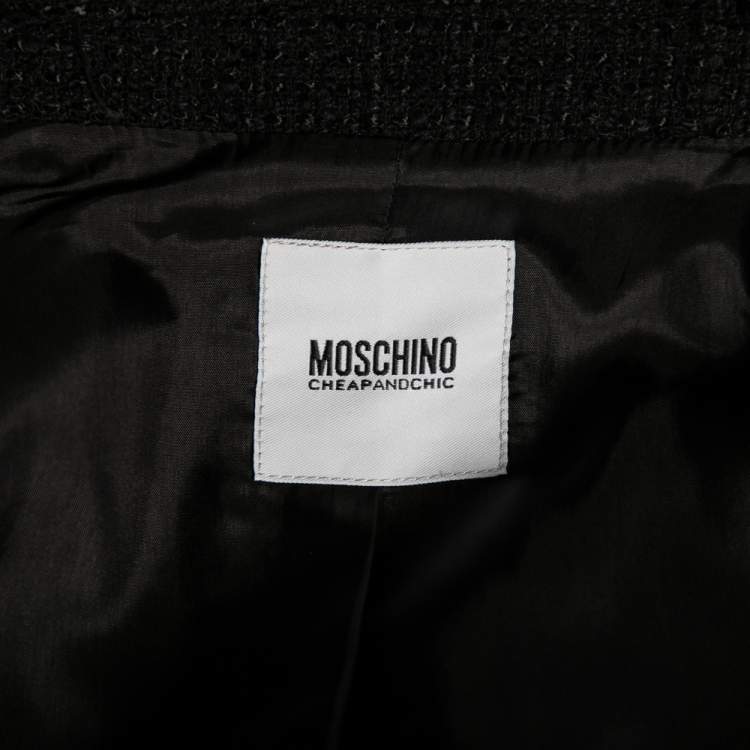 Pre Owned Moschino Black Tweed Appliqué Detail Frayed Blazer L