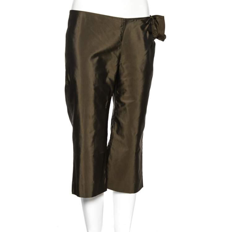 Pre Owned Moschino Olive Green Silk Bow Detail Capri Pants M